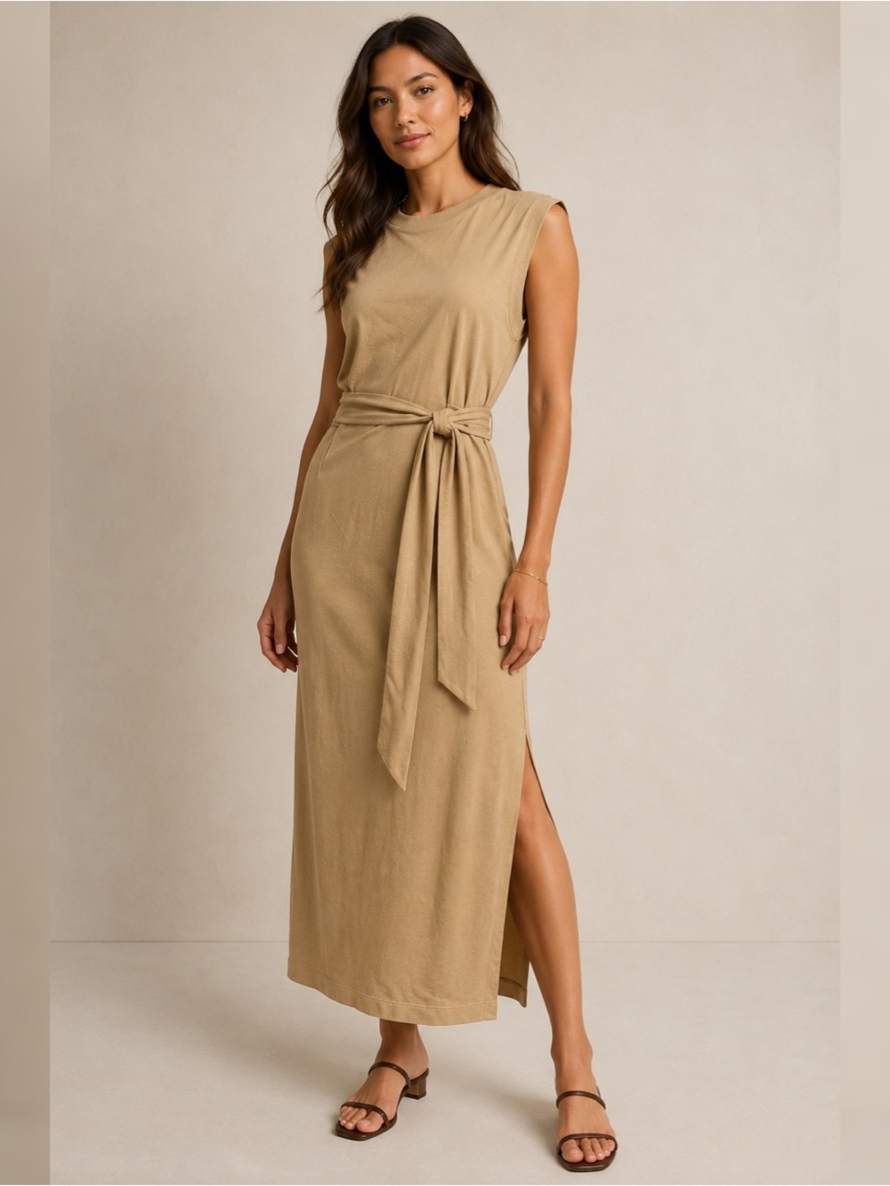 Vince Sleeveless Tie-Waist Cotton Knit Midi Dress Tan Women’s Size XS NEW